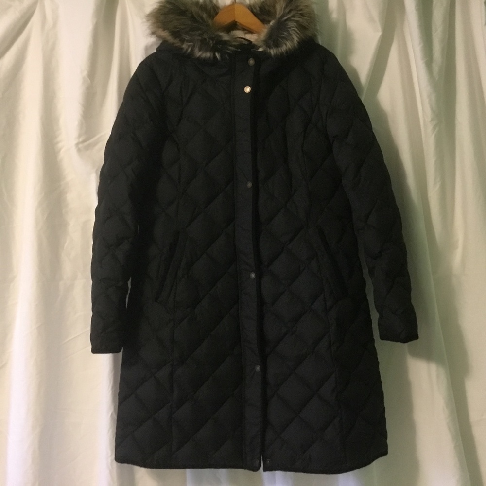Ralph Lauren Black Quilted Down Trench Coat w/ Faux Fur Hood Women’s Size Medium